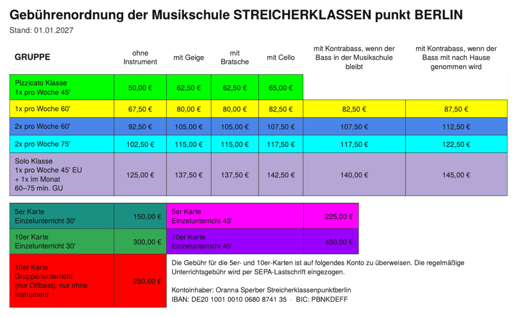Gebührenordnung der Musikschule STREICHERKLASSEN punkt BERLIN, Stand 01.01.2027